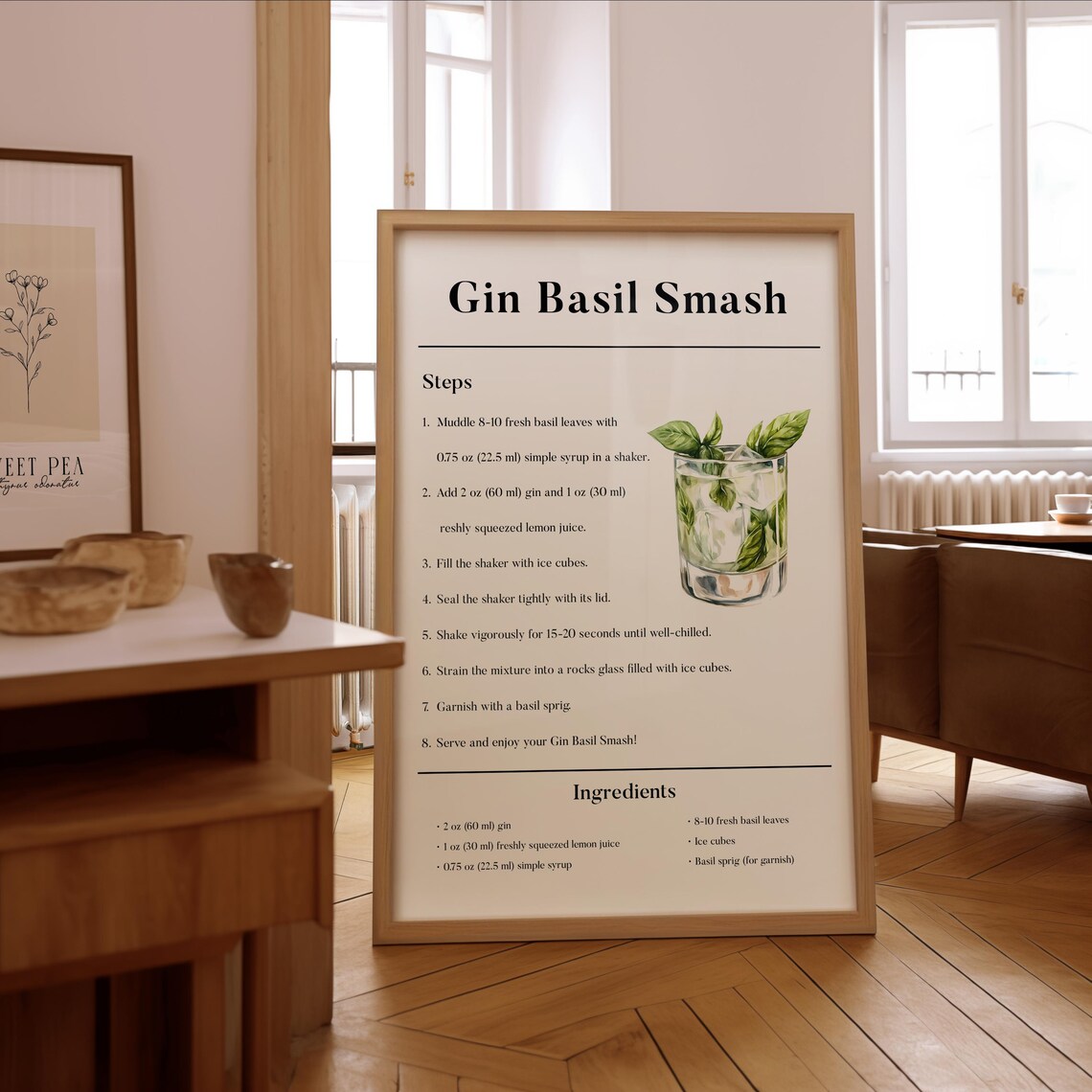 Gin Basil Smash Recipe Poster, Cocktail Guide