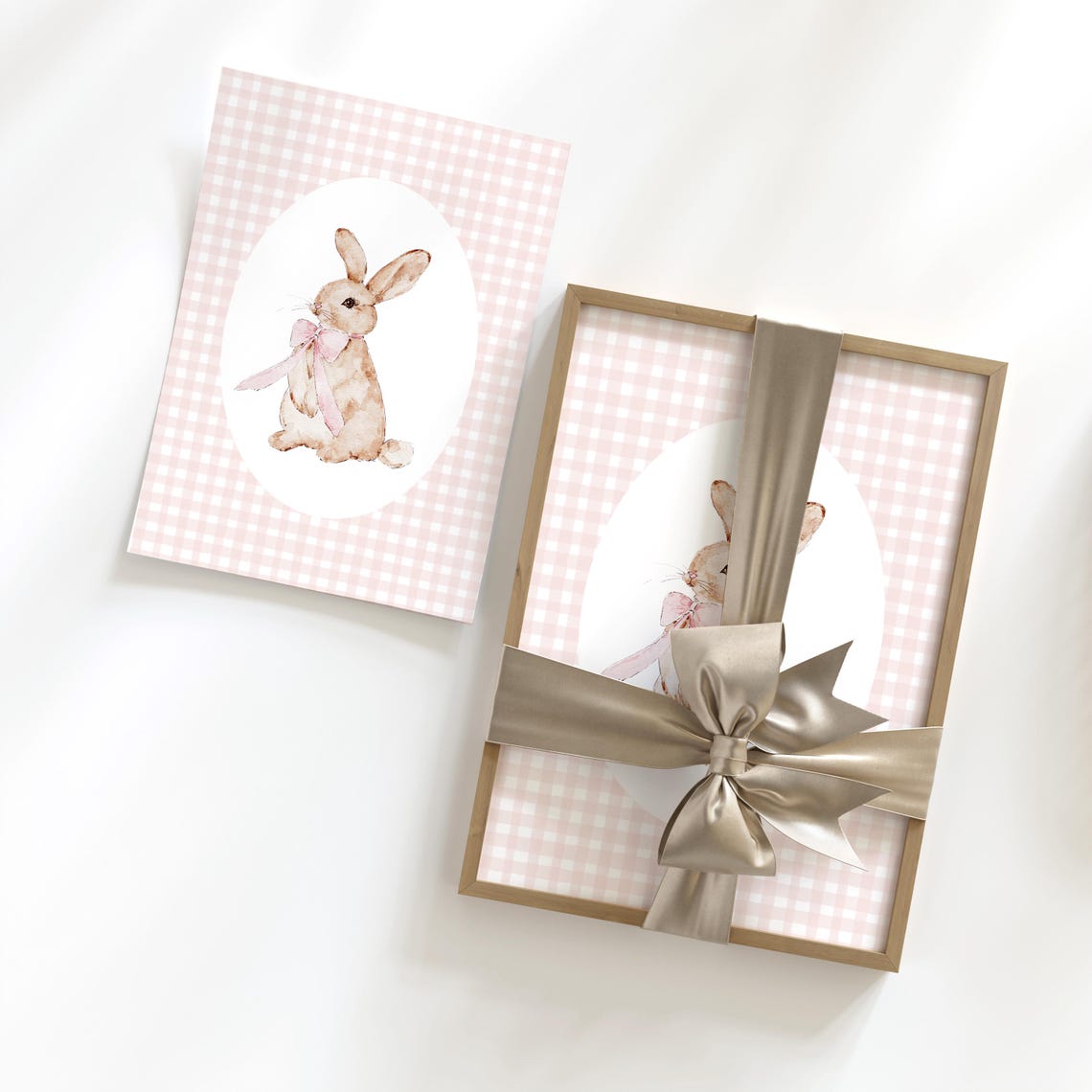Sweet Soft Watercolor Bunny Pink Ribbon Gingham Nursery Art Print - Image 3