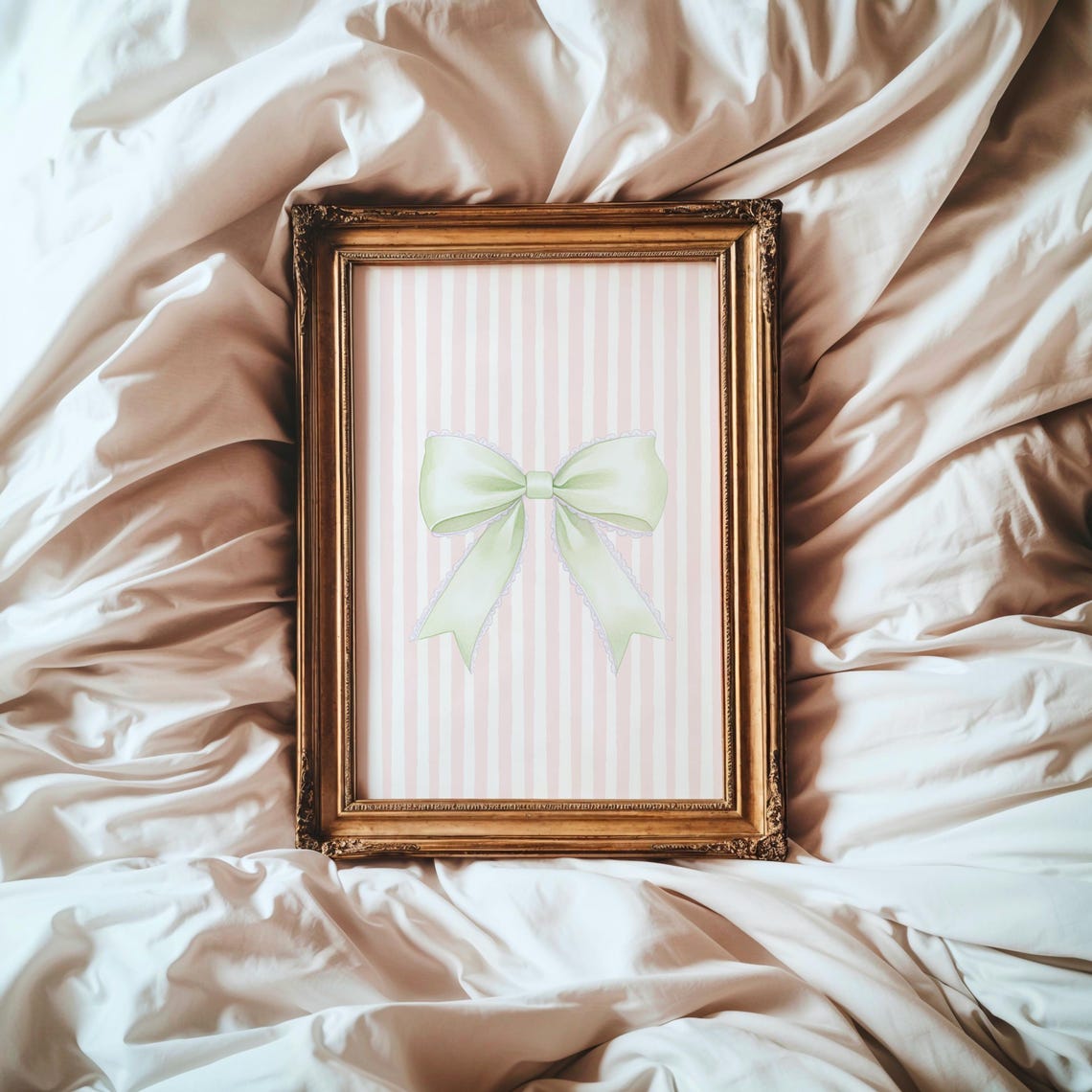 Soft Sage Green Bow Pink Striped Coquette Aesthetic Art Print - Image 4
