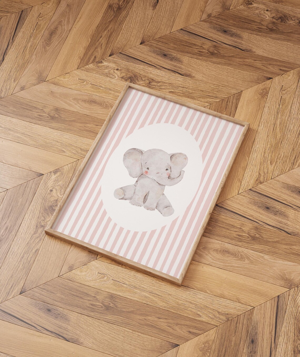 Sweet Baby Elephant Watercolor Pink Stripe Nursery Art Poster - Image 3