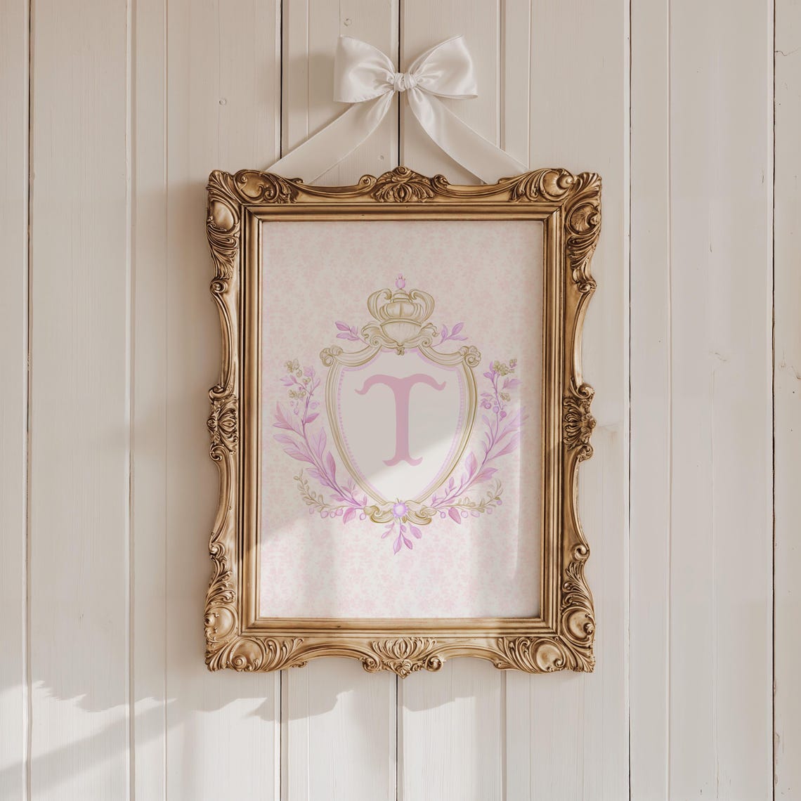 Initial T Pink Crest Coquette Floral Monogram Nursery Poster