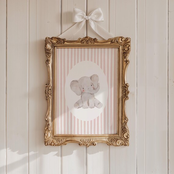 Sweet Baby Elephant Watercolor Pink Stripe Nursery Art Poster