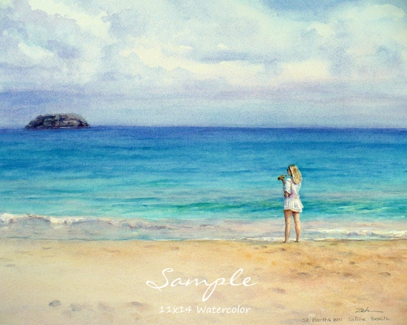 Saline Beach St Barths Woman White Dress Turquoise Sea Watercolor Poster