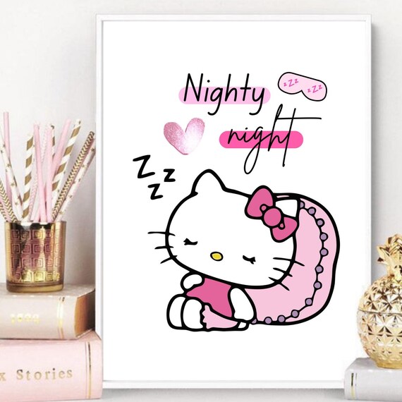 Hello Kitty Nighty Night Sleeping Cat Nursery Quote Poster Pink Heart Art