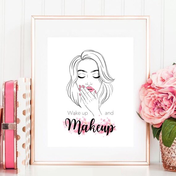 Wake Up And Makeup Line Art Woman Face Beauty Salon Quote Poster Pink
