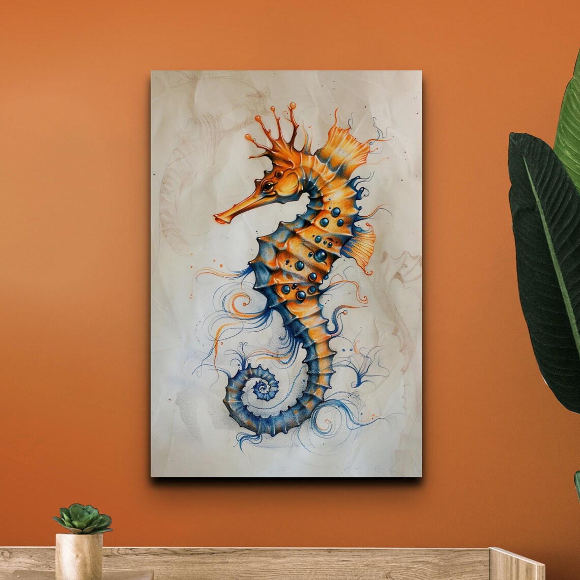 Orange and Blue Watercolor Seahorse Coastal Marine Life Poster