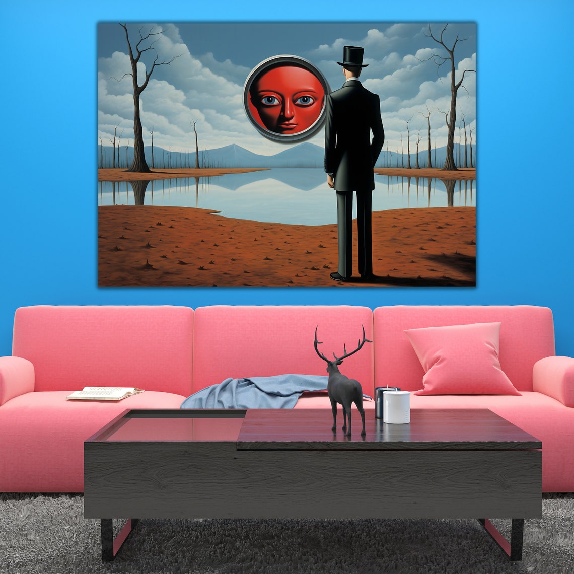 Surreal Giant Red Face Mirror Man Top Hat Dreamscape Art Poster - Image 2
