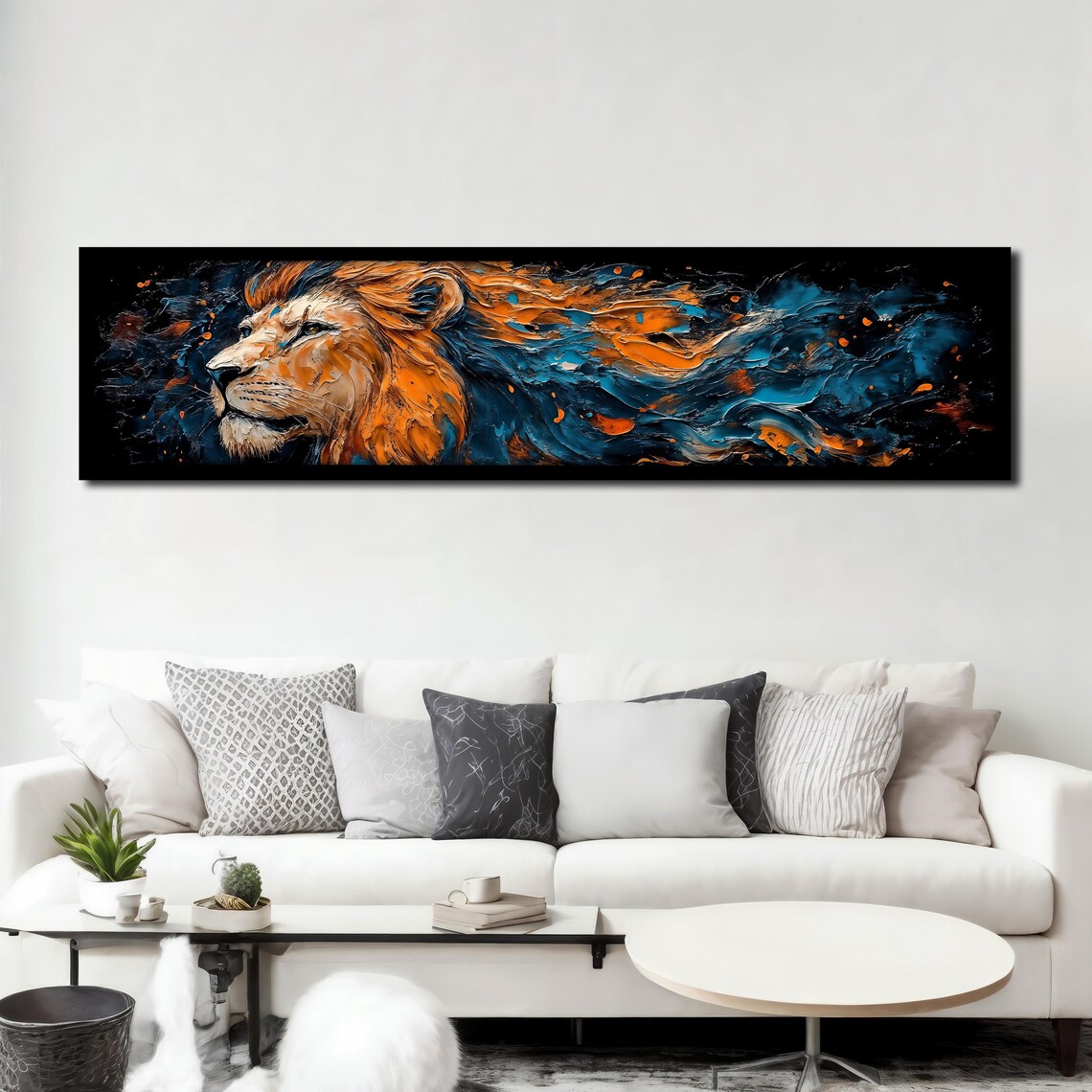Abstract Lion Profile Orange Blue Mane on Black Panoramic Wall Art Poster - Image 3