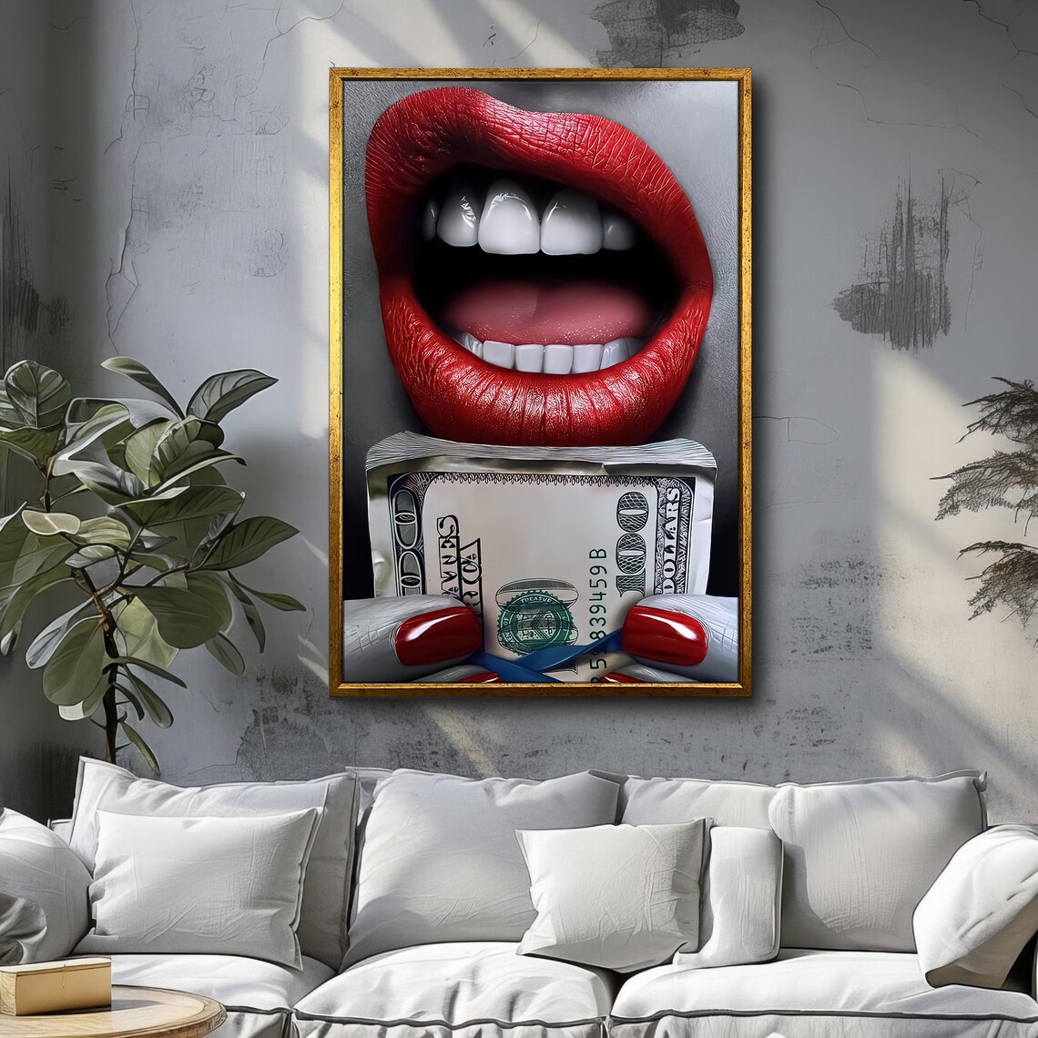 Red Lips Biting Money Luxury Dollar Bill Pop Art Wall Poster - Image 3