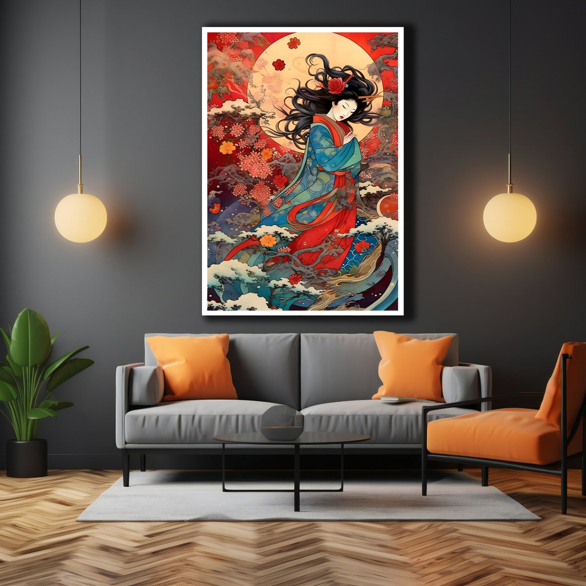 Japanese Woman in Blue Kimono Red Moon Cherry Blossom Wave Art Poster - Image 3