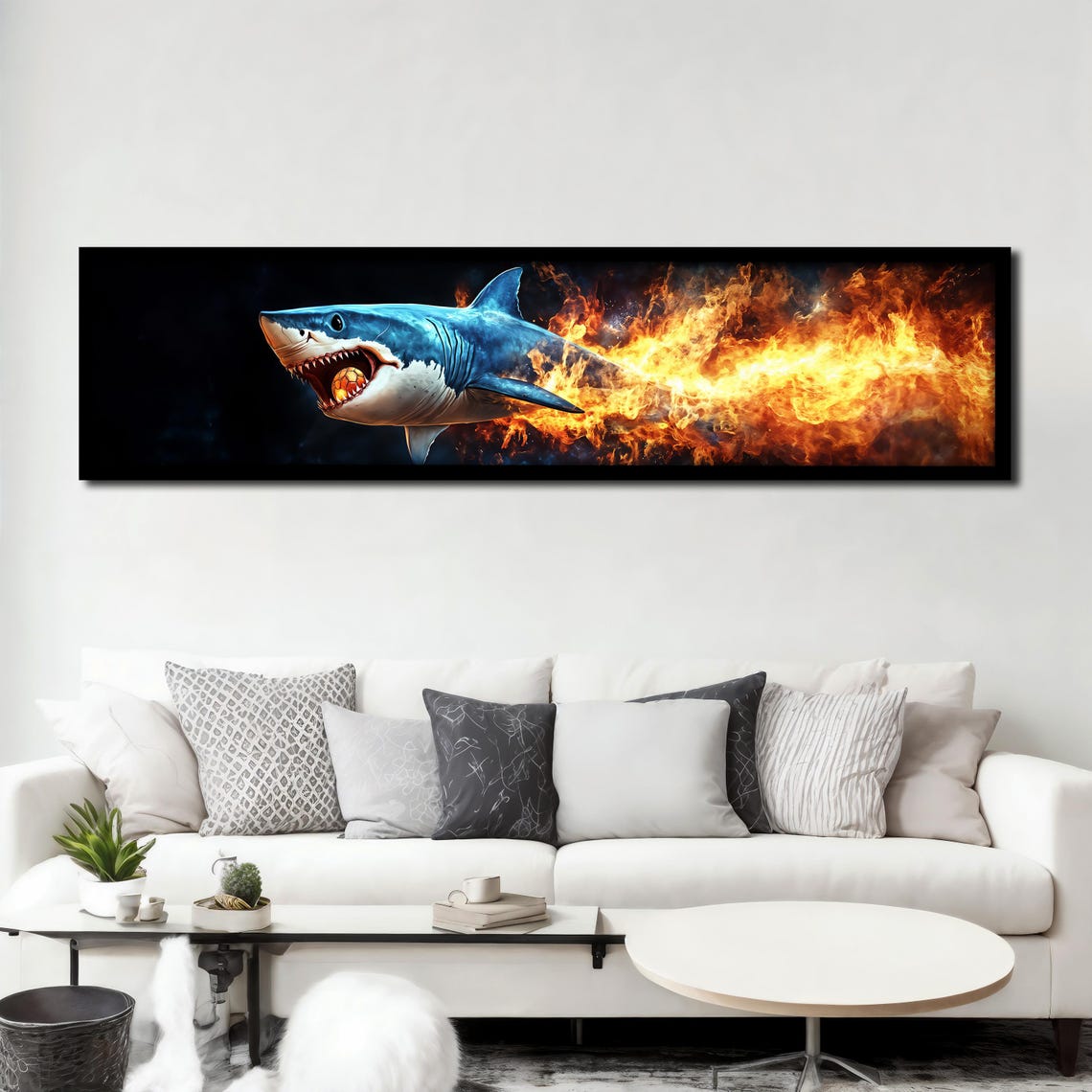 Fire Breathing Shark Flames Panoramic Action Animal Art Poster - Image 3
