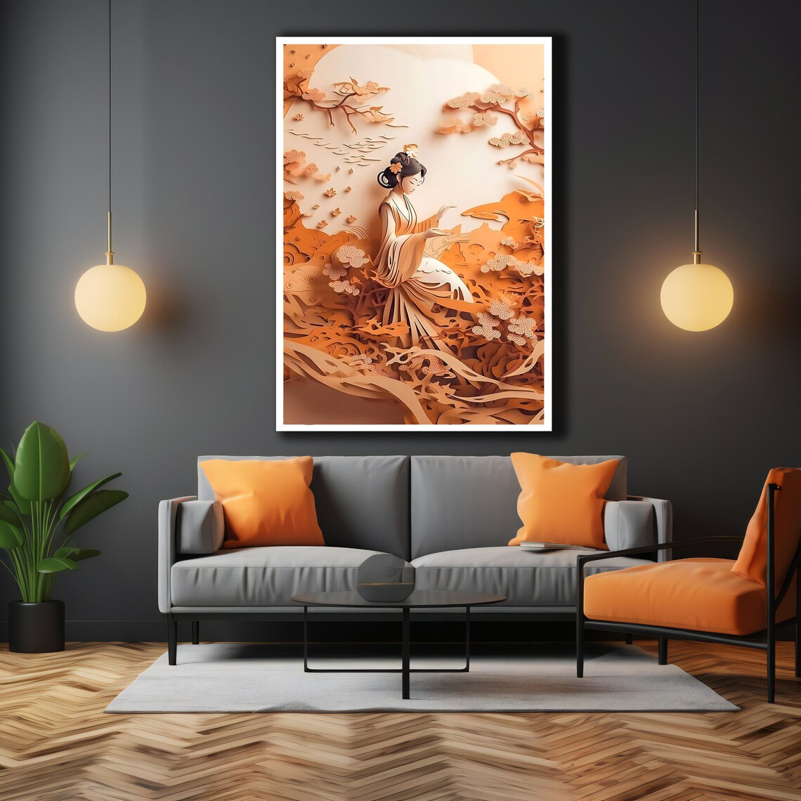 Paper Cut Style Woman in White Kimono Autumn Floral Ocean Art Poster - Image 3