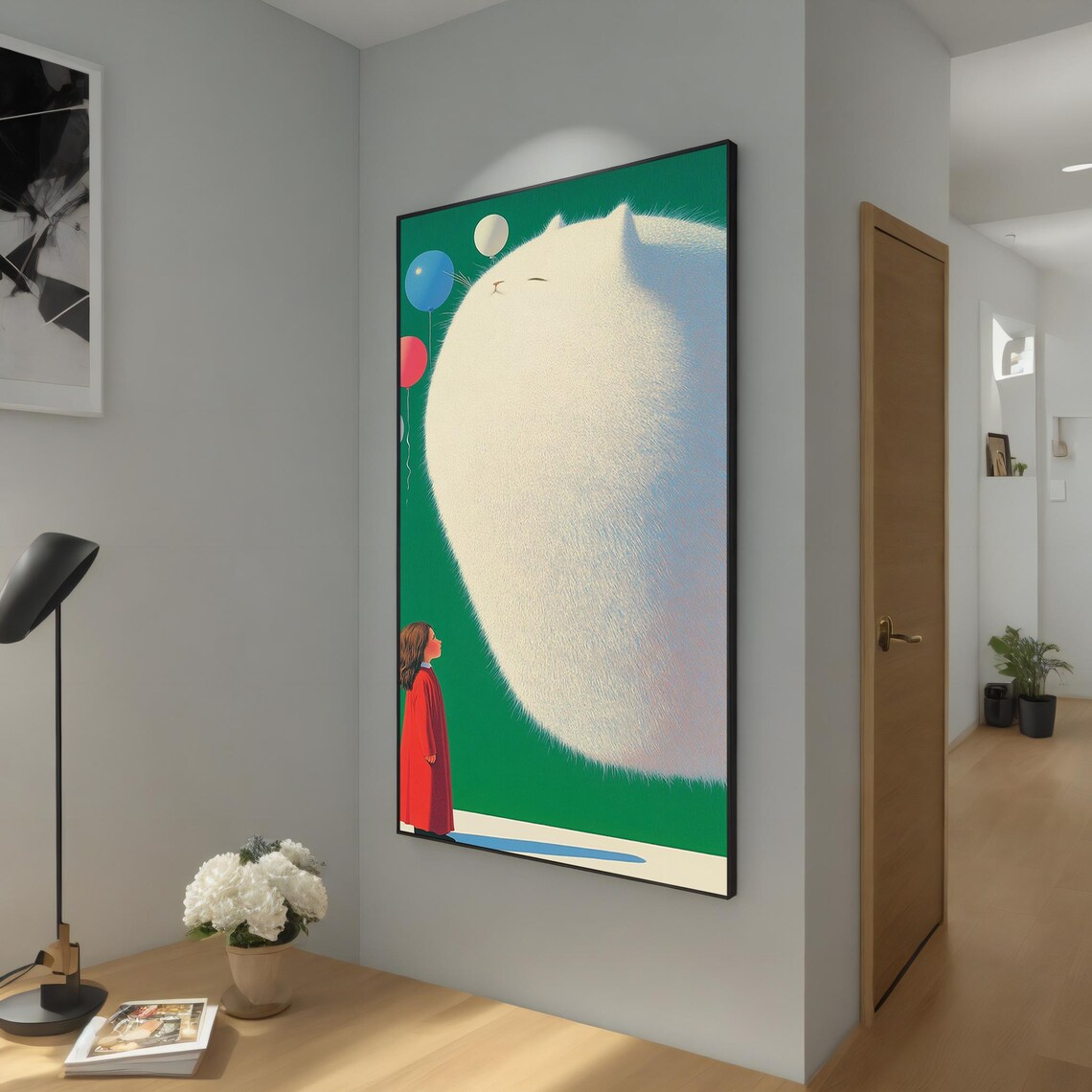 Giant Fluffy White Cat With Girl And Balloons Whimsical Surreal Art Poster