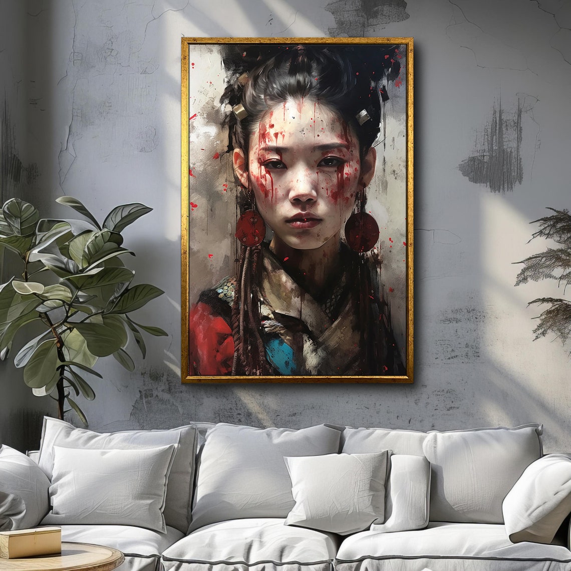 Warrior Woman Face Red War Paint Splatter Japanese Art Style Poster - Image 3