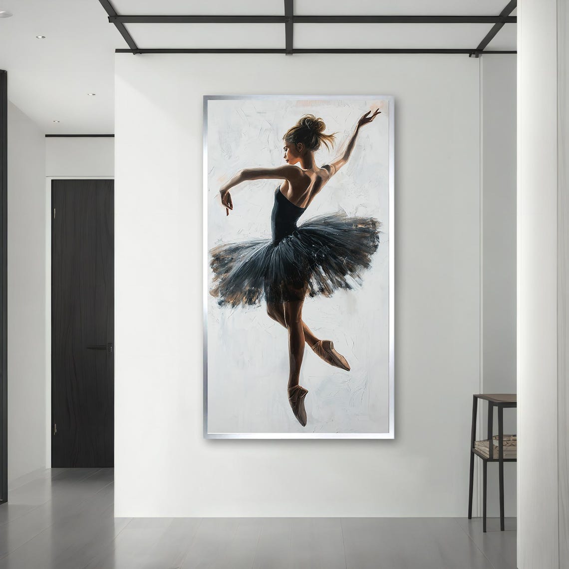 Ballerina in Black Tutu Mid Leap White Background Dance Art Poster - Image 3