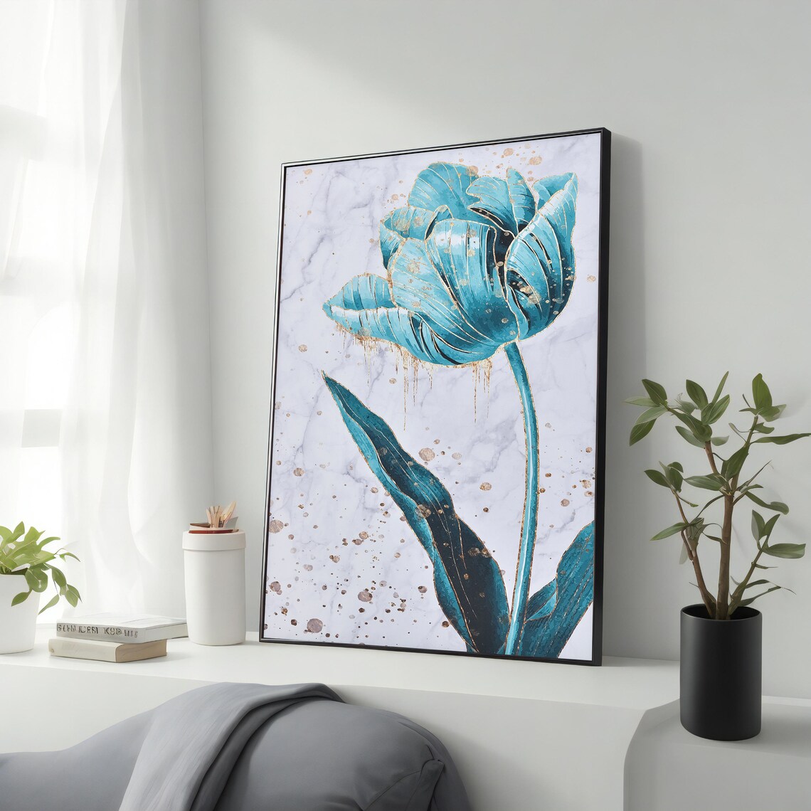 Teal Tulip With Gold Splatter on Marble Elegant Blue Floral Wall Art