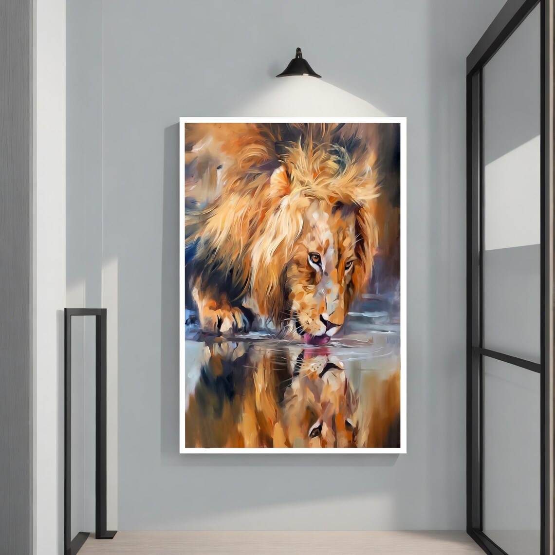 Lion Drinking Water Reflection Golden Mane Wildlife Painting Wall Poster - Image 2