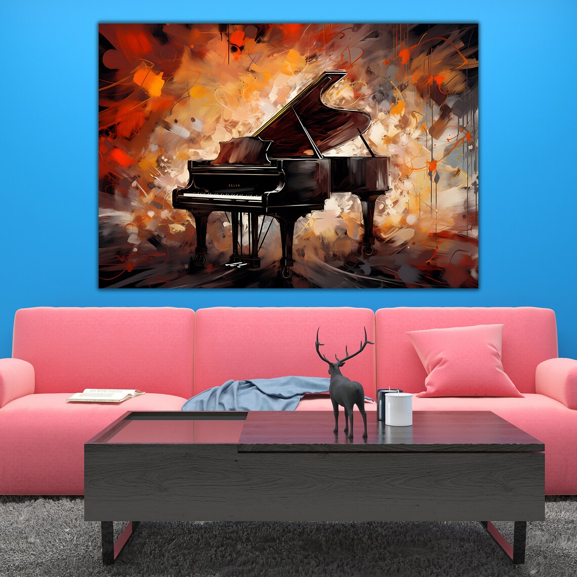 Black Grand Piano Abstract Painting Orange Music Room Wall Art - Image 2