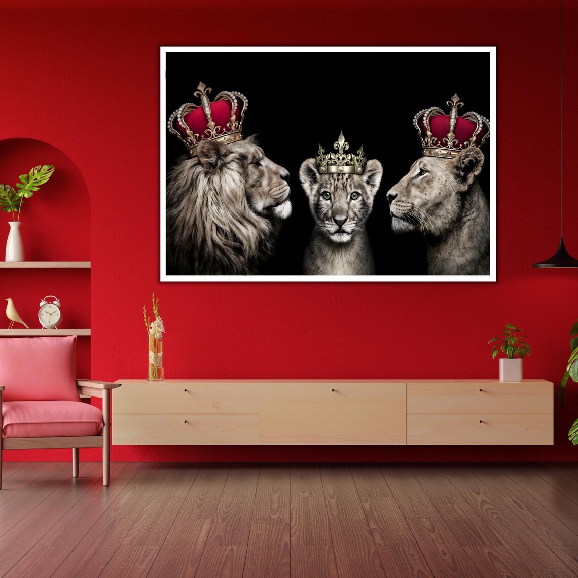 Royal Lion Family Wearing Gold Crowns Black Background Animal Wall Art - Image 2