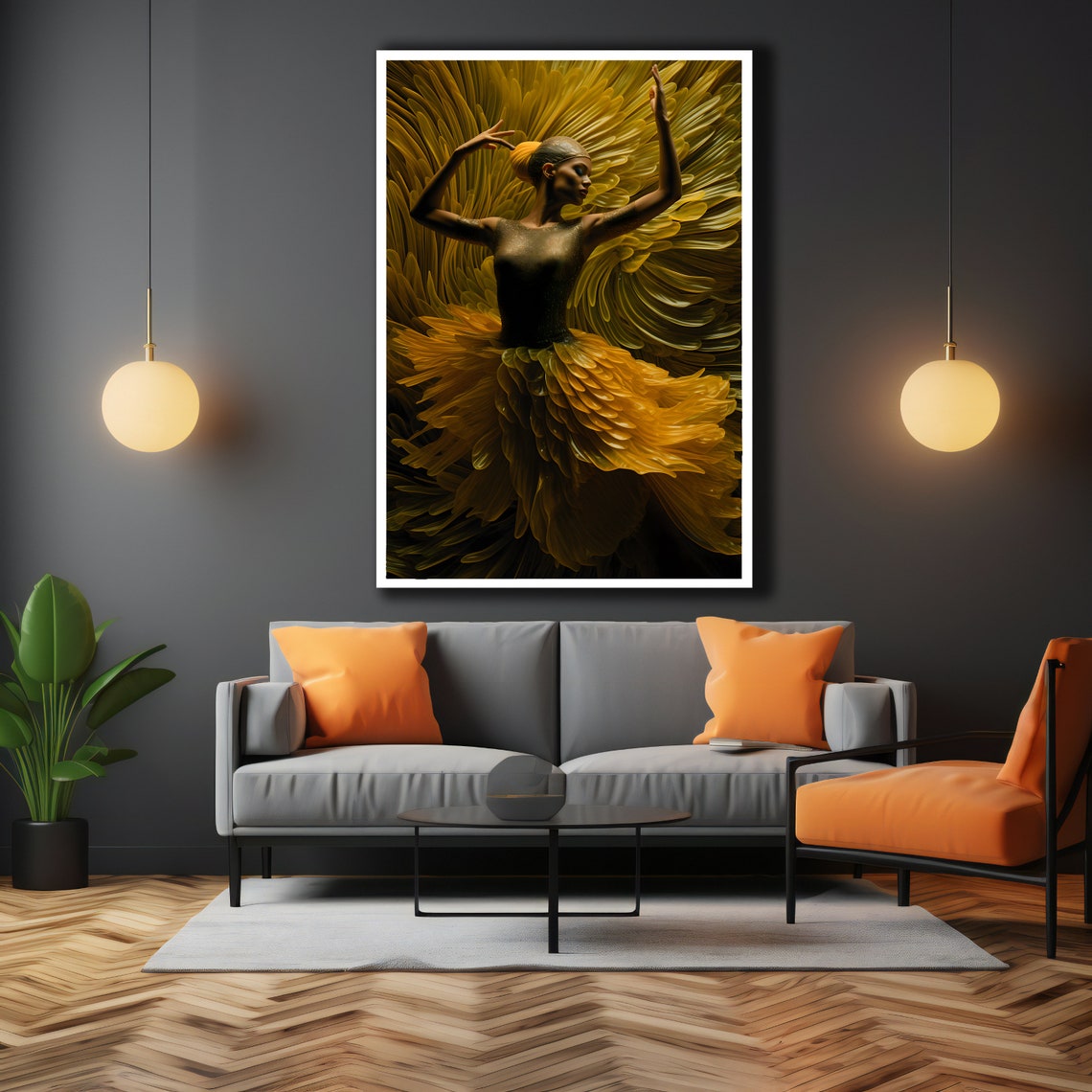 Ballerina In Golden Feather Tutu Arms Raised Dramatic Dance Art Poster - Image 3