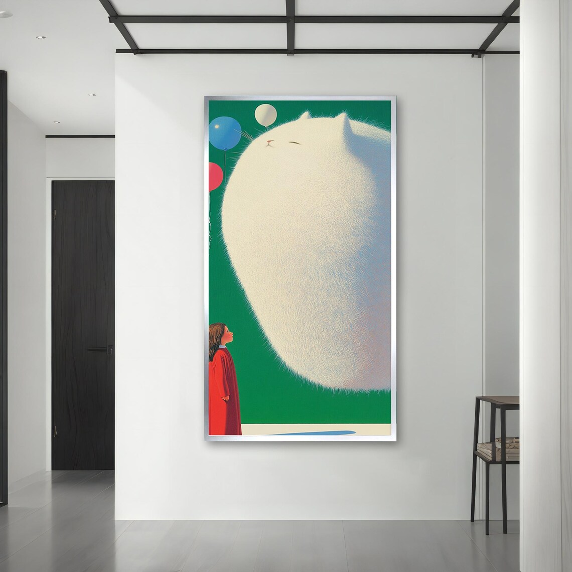 Giant Fluffy White Cat With Girl And Balloons Whimsical Surreal Art Poster - Image 3