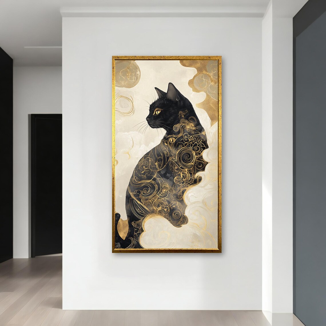 Black Cat Profile with Golden Oriental Cloud Pattern Art Poster - Image 3