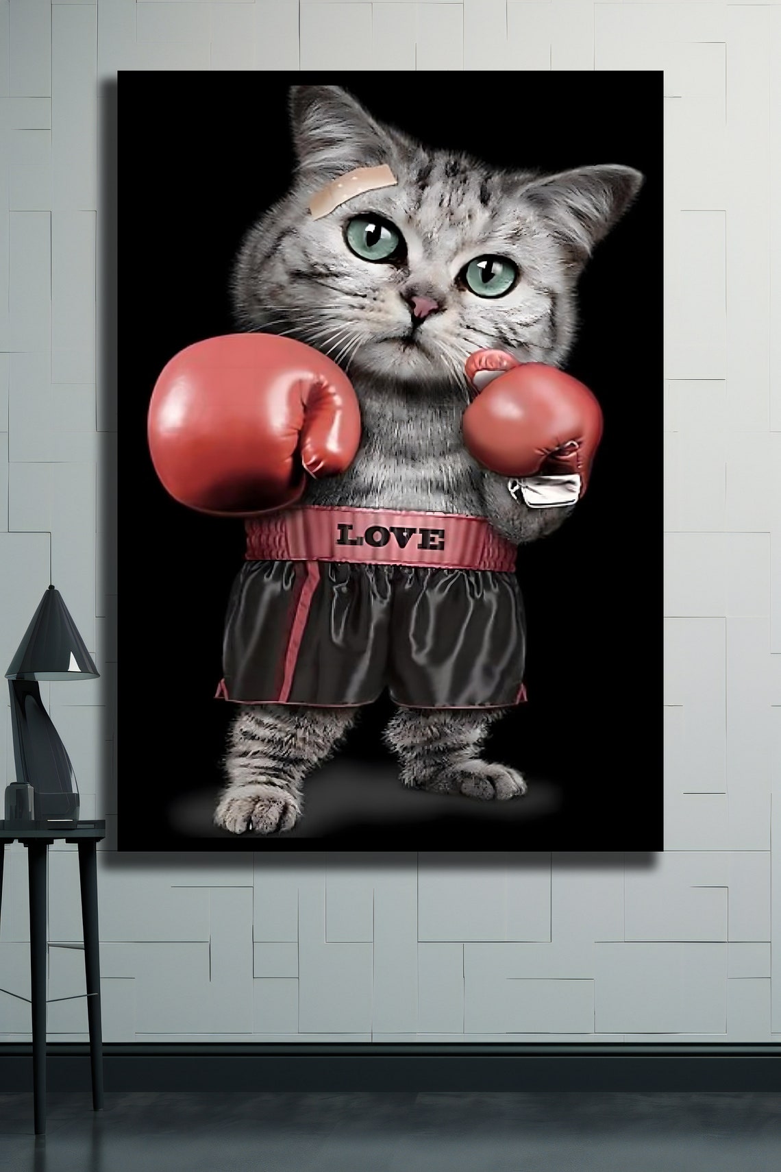 Cute Boxer Cat In Red Gloves LOVE Shorts Funny Animal Wall Art Poster - Image 2