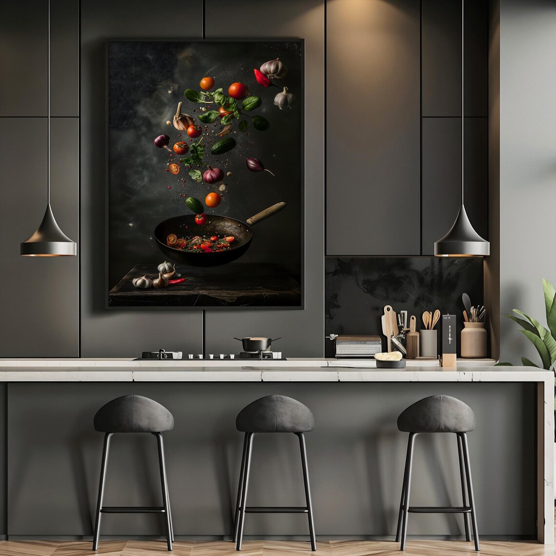 Floating Fresh Vegetables, Modern Kitchen Wall Art