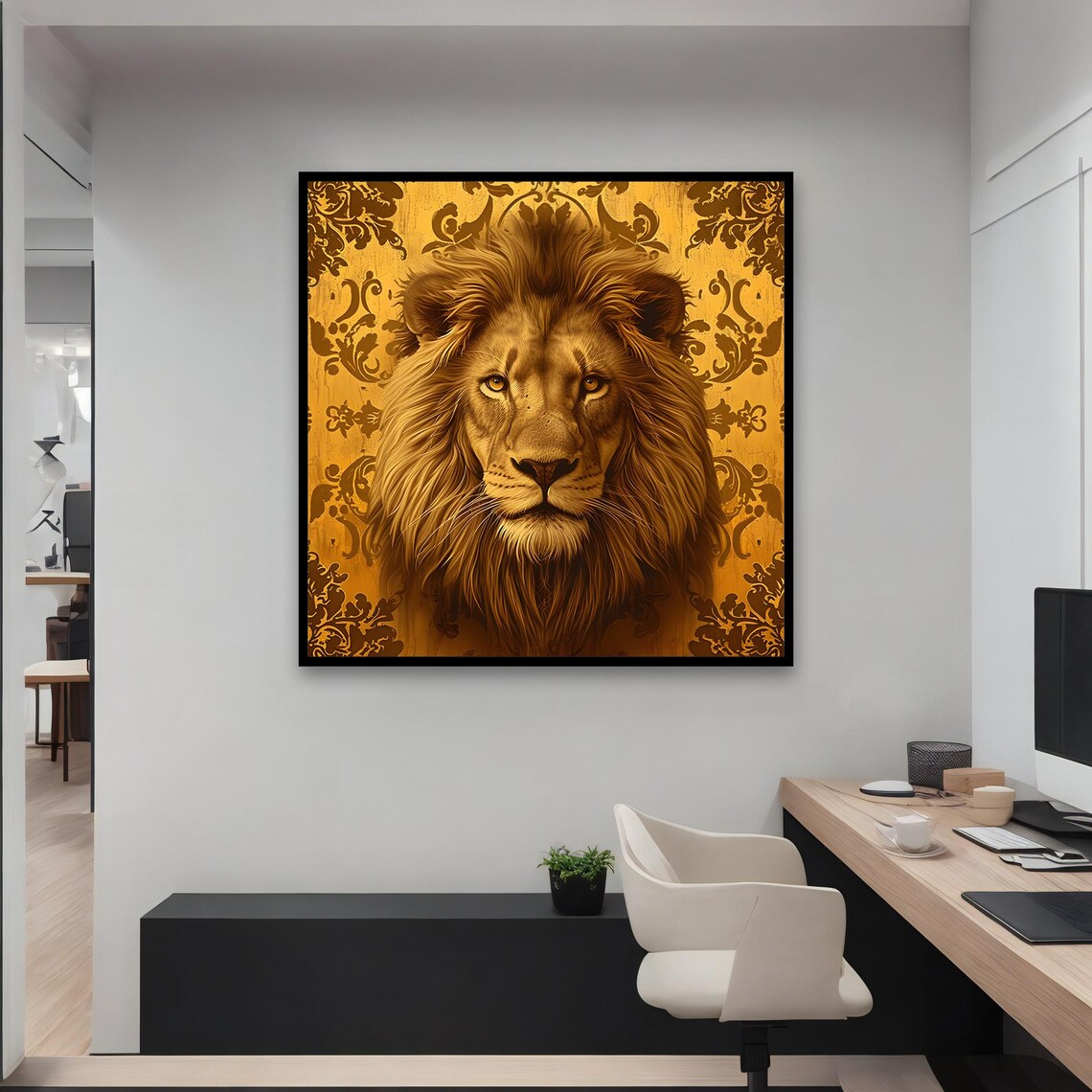 Golden Lion Portrait Ornate Damask Background Regal Wildlife Art Poster - Image 4