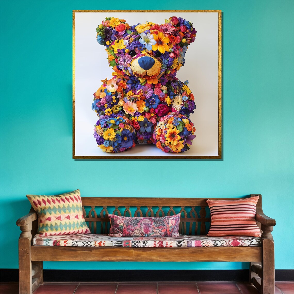 Colorful Floral Teddy Bear Blooming Flowers Nursery Kids Room Poster - Image 4