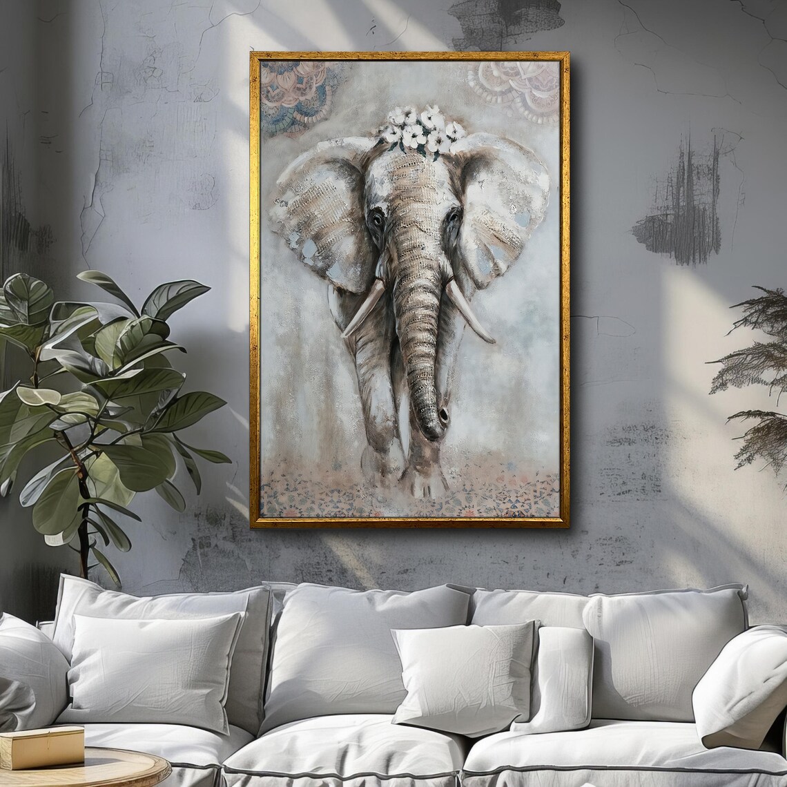 Elephant With Flower Crown Gray Textured Boho Mandala Wildlife Poster - Image 4