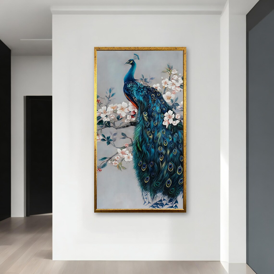 Elegant Peacock Perched on Cherry Blossom Branch Floral Art Poster - Image 3