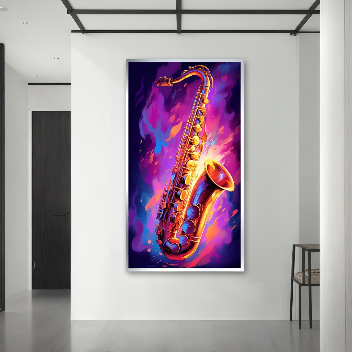 Neon Saxophone in Purple and Orange Flames Vibrant Jazz Music Art Poster - Image 3
