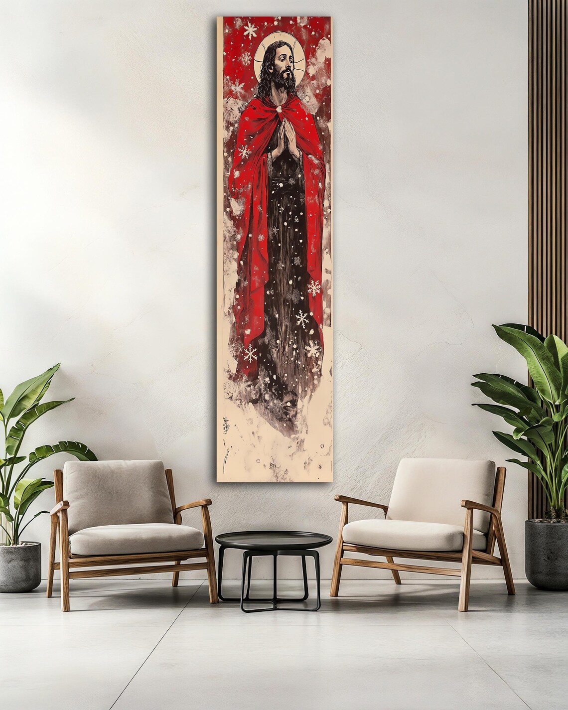 Jesus Praying Red Cloak Snowfall Halo Faith Narrow Christian Wall Poster - Image 2