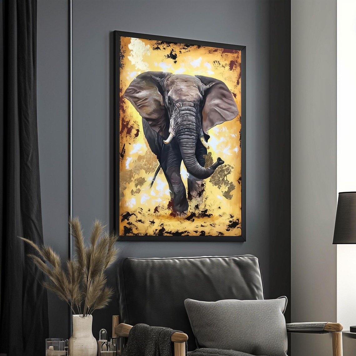 African Elephant Charging Golden Savanna Background Wildlife Art Poster