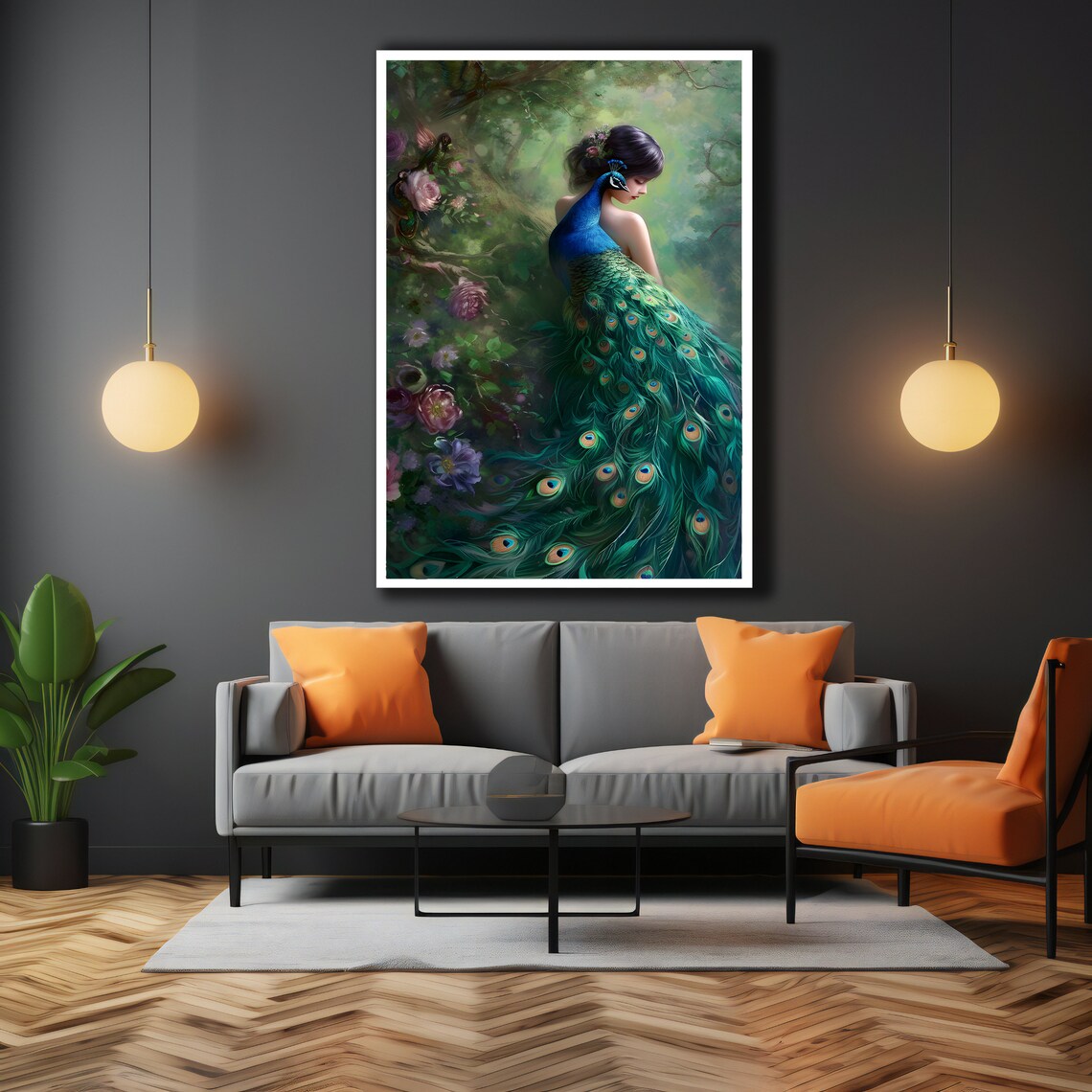 Fantasy Woman In Peacock Feather Gown Garden Floral Art Print - Image 3