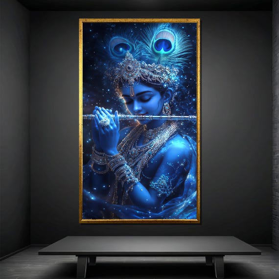 Lord Krishna Painting Large Hindu Wall Art Spiritual Blue God Artwork Divine Flute Music Decor Indian Mythology Art Gift For Home