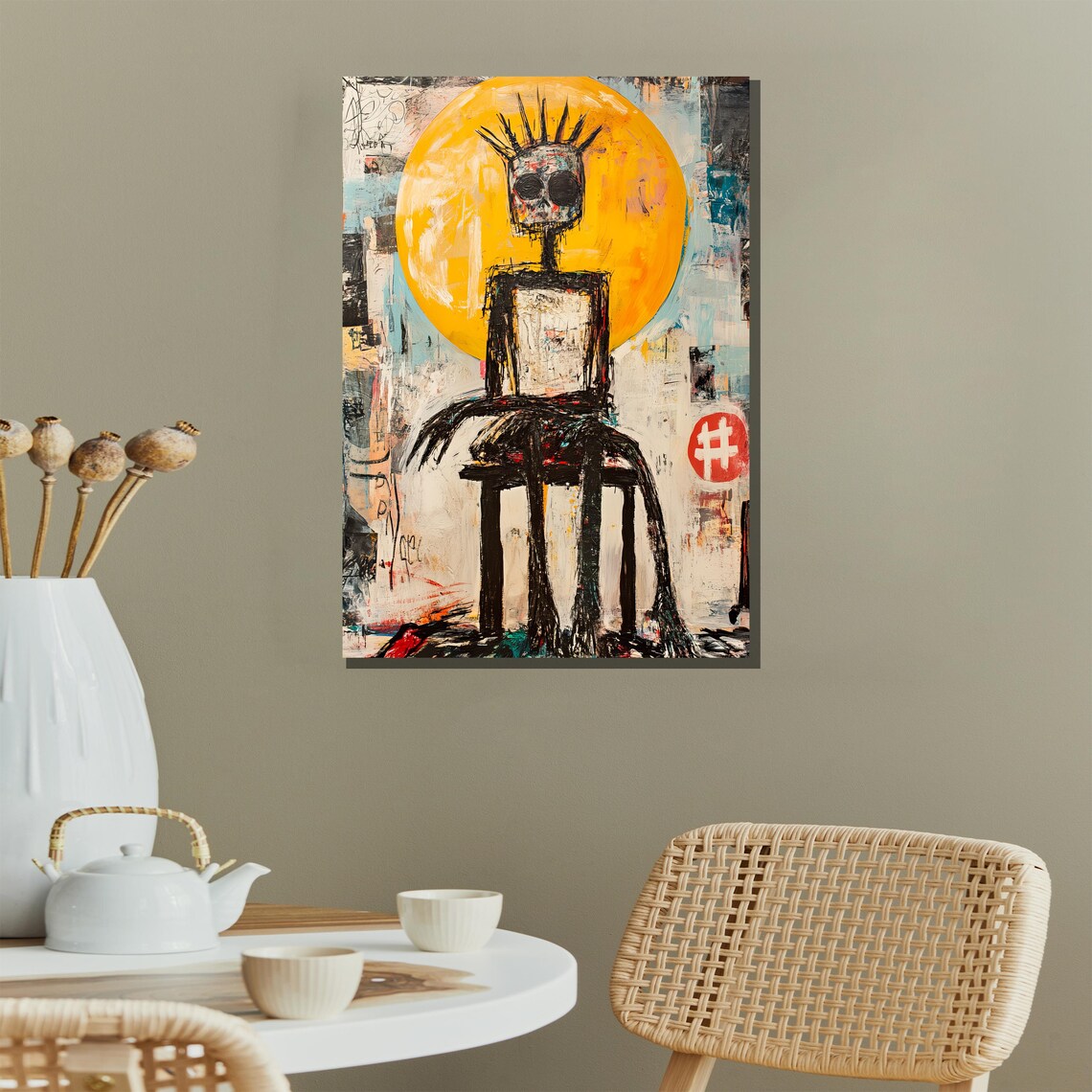 Basquiat Style Seated Figure Golden Sun Halo Expressionist Art Print - Image 2