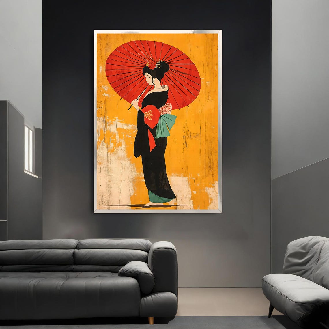 Elegant Geisha Red Parasol Golden Japanese Style Wall Poster - Image 3