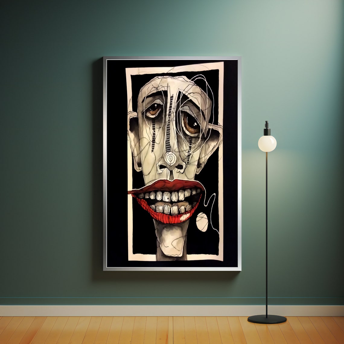 Abstract Expressionist Face Red Lips Ink Line Modern Art Poster - Image 4