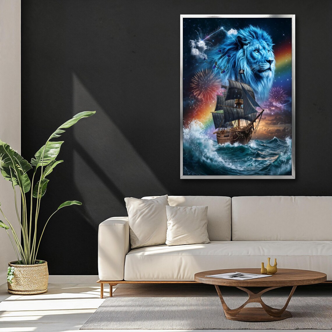 Majestic Blue Lion Fantasy Pirate Ship Fireworks Night Sky Wall Poster - Image 3