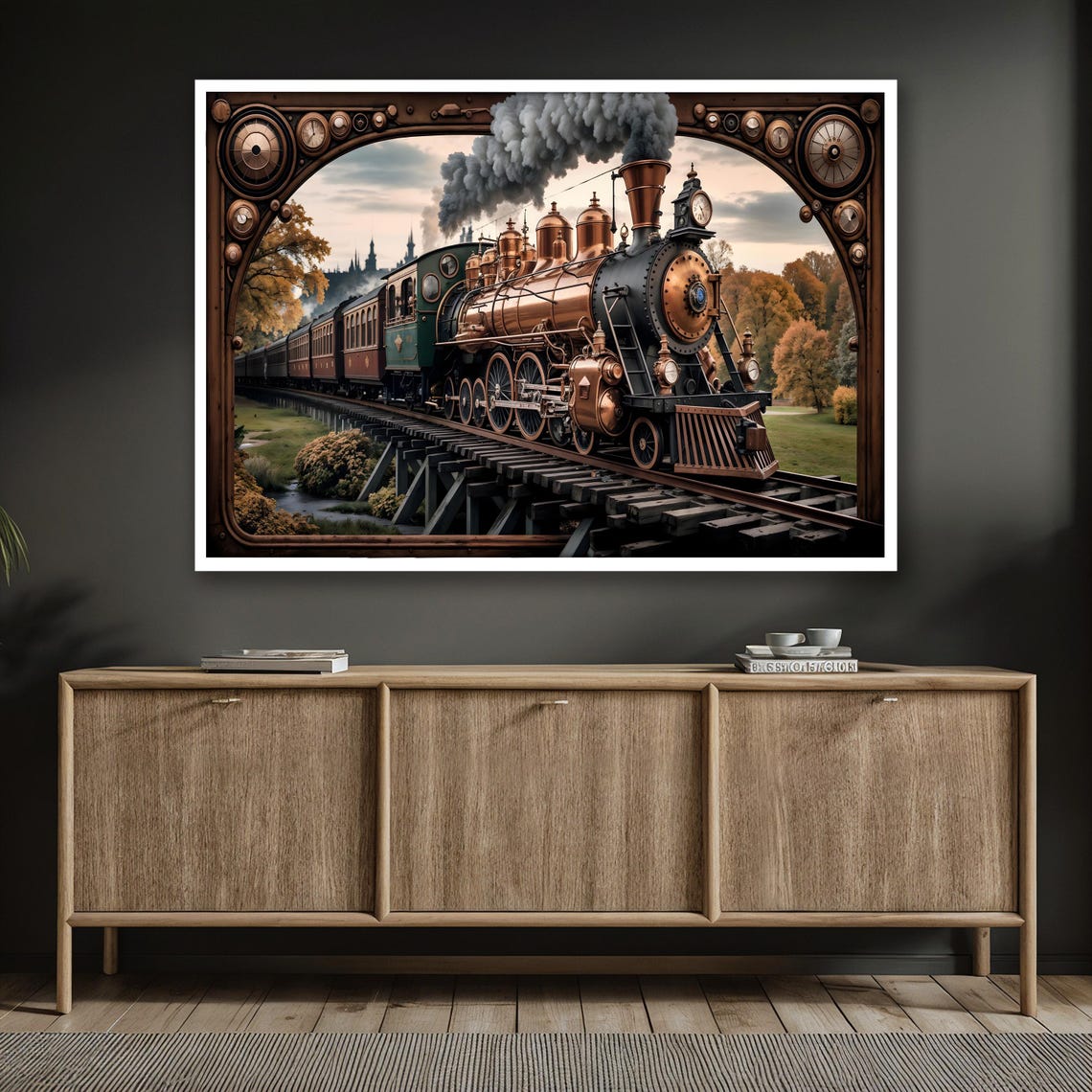 Steampunk Steam Locomotive Copper Frame Vintage Train Art Print - Image 2