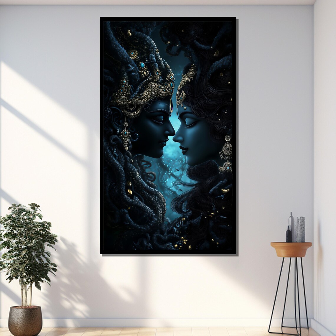 Radha Krishna Divine Love Couple Midnight Blue Spiritual Art Print - Image 3
