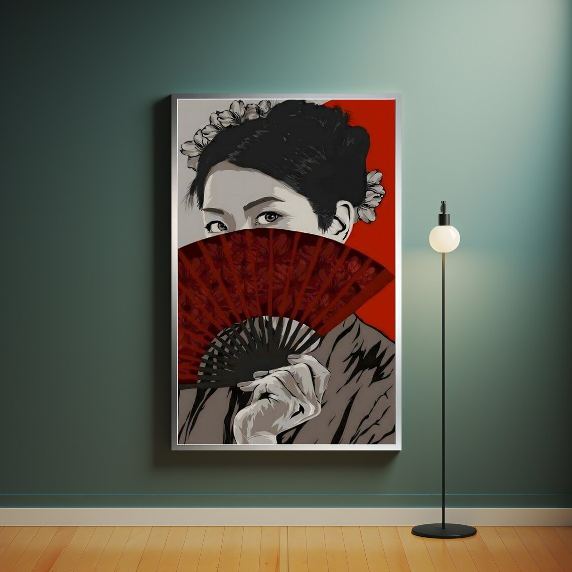 Geisha Woman with Red Fan Bold Red and Black Pop Style Art Poster - Image 4