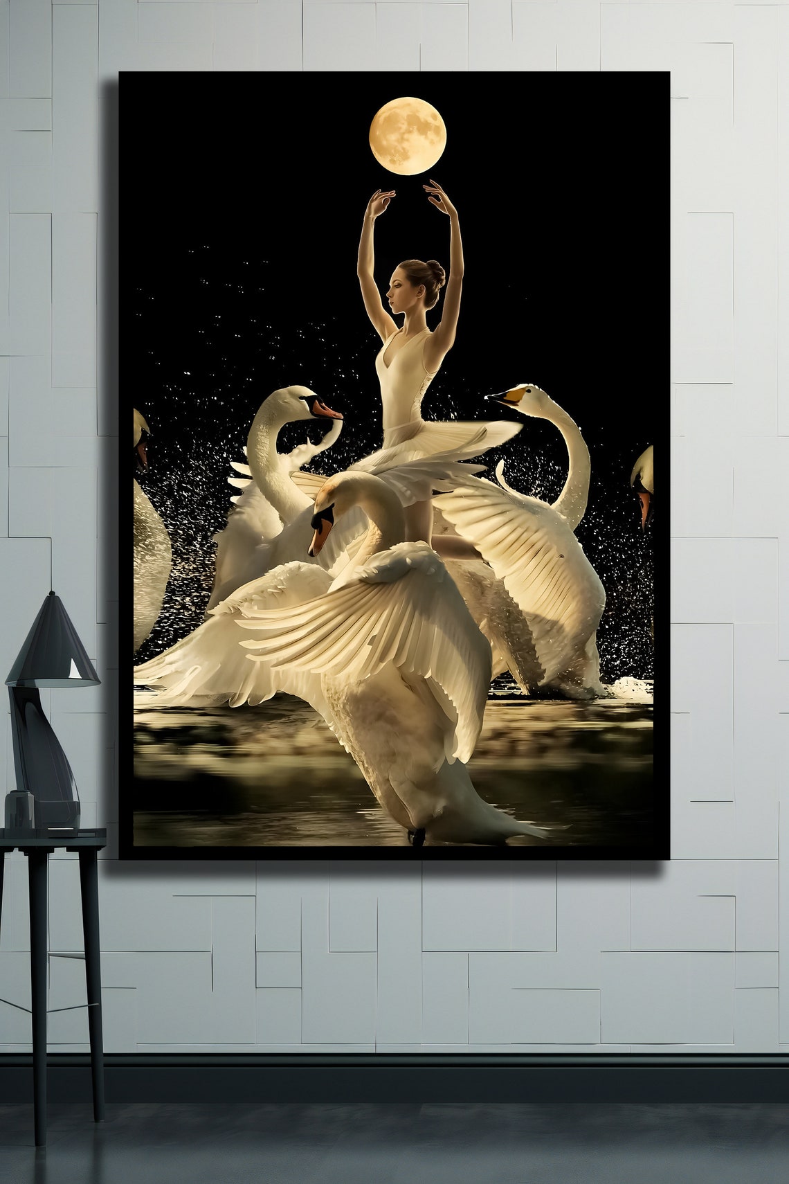 Ballerina Dancing With White Swans Under Full Moon Night Art Poster - Image 2