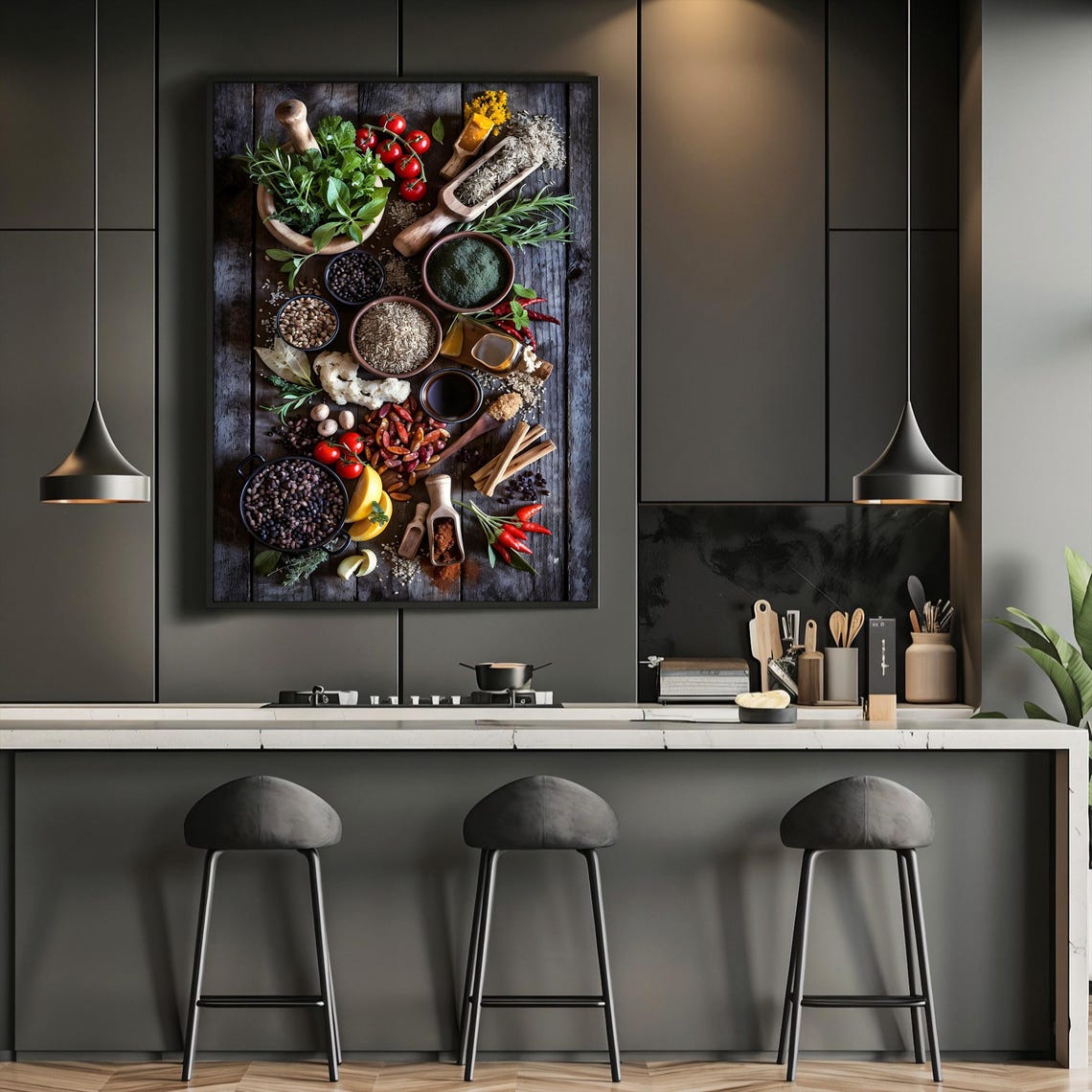 Rustic Culinary Herbs Spices Flat Lay Farmhouse Kitchen Wall Art Print