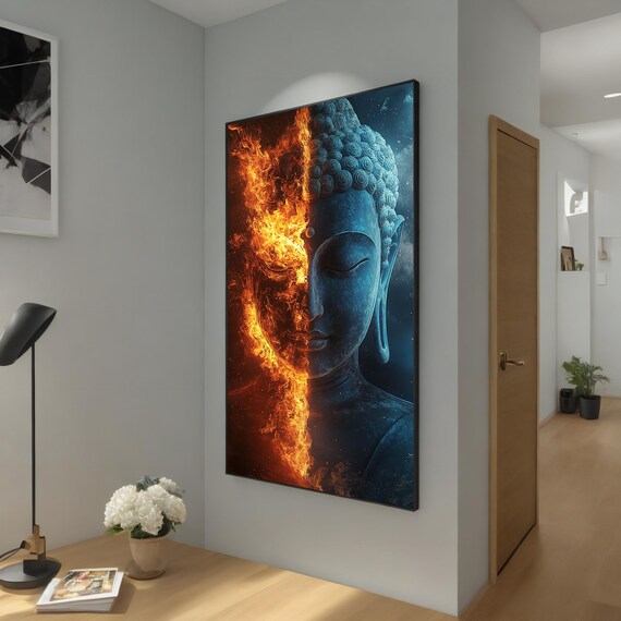 Half Fire Half Calm Buddha Face Split Duality Zen Meditation Spiritual Poster