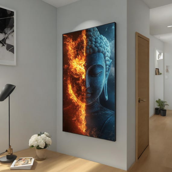 Half Fire Half Calm Buddha Painting Zen Wall Decor Spiritual Meditation Artwork Buddha Painting Ready To Hang Unique Gift