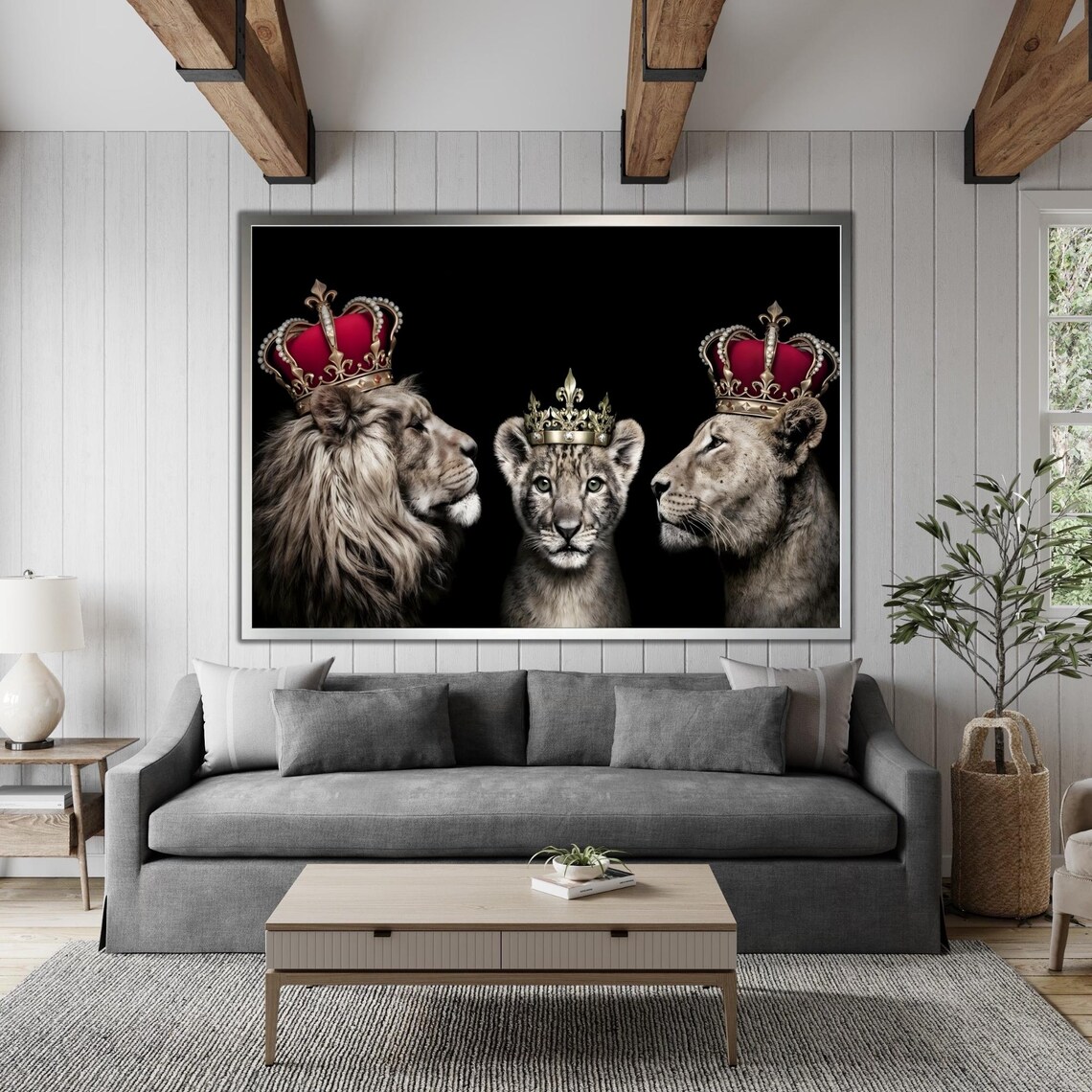 Royal Lion Family Wearing Gold Crowns Black Background Animal Wall Art - Image 4