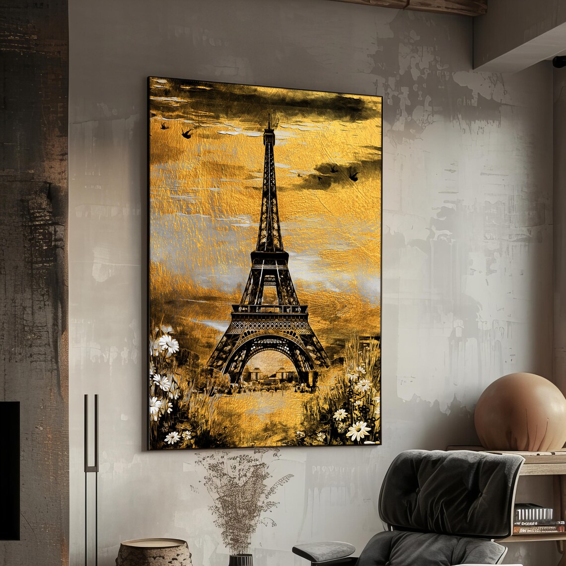 Eiffel Tower Golden Sunset Painting Daisies Paris France Travel Poster